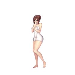 Rule 34 | 1girl, barefoot, blush, breast hold, breasts, brown hair, collarbone, covering privates, covering breasts, d-log, full body, grey eyes, hair between eyes, hair bun, highres, kheshig (last origin), last origin, long hair, looking at viewer, medium breasts, naked towel, official art, open mouth, simple background, solo, tachi-e, thighhighs, thighs, towel, transparent background, wet, white towel