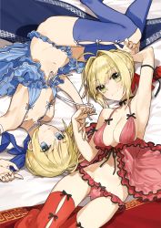 Rule 34 | 10s, 2girls, ahoge, armpits, artoria pendragon (all), artoria pendragon (fate), babydoll, bed sheet, blonde hair, blue eyes, blue panties, blue thighhighs, blush, bow, bow panties, breasts, choker, cleavage, collarbone, eyebrows, fate/extella, fate/extra, fate/stay night, fate (series), green eyes, hair bun, hair intakes, hair ribbon, highres, lying, multiple girls, navel, nero claudius (fate), nero claudius (fate) (all), nero claudius (fate/extra), non-web source, official alternate costume, on back, panties, red legwear, red panties, resized, ribbon, rotational symmetry, saber (fate), short hair, single hair bun, small breasts, smile, strap pull, thighhighs, underwear, upscaled, wada arco, waifu2x, wrist ribbon