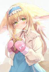 Rule 34 | 1girl, animal ears, arknights, blonde hair, blue hairband, blue skirt, blush, box, closed mouth, commentary, fox ears, fox girl, fox tail, frilled hairband, frills, gedou (shigure seishin), gift, gift box, gradient background, green eyes, grey background, grey jacket, hairband, heart-shaped box, high-waist skirt, highres, holding, holding gift, jacket, kitsune, long hair, neck ribbon, open clothes, open jacket, red ribbon, revision, ribbon, shirt, skirt, smile, solo, suzuran (arknights), suzuran (spring praise) (arknights), tail, valentine, very long hair, white background, white shirt