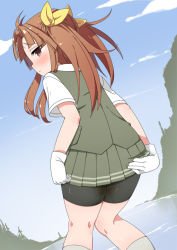 Rule 34 | 1girl, bike shorts, blue sky, blush, bow, brown eyes, brown hair, cloud, day, dutch angle, embarrassed, from behind, gloves, green skirt, green vest, hair bow, hair ornament, half-closed eyes, have to pee, kagerou (kancolle), kantai collection, kneehighs, knees together feet apart, looking at viewer, looking back, looking to the side, matching hair/eyes, minamimachi naname, miniskirt, mountain, outdoors, pee stain, pleated skirt, school uniform, shirt, short sleeves, skirt, sky, socks, solo, standing, tears, twintails, vest, water, wet, wet clothes, white gloves, white socks, white shirt, yellow bow