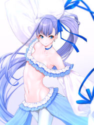 Rule 34 | 1girl, bare shoulders, bikini, blue bow, blue eyes, blue ribbon, bow, breasts, choker, closed mouth, collarbone, commentary request, earrings, fate/grand order, fate (series), frilled bikini, frills, grey background, hair ornament, hair ribbon, highres, jewelry, long hair, long sleeves, looking at viewer, meltryllis, meltryllis (fate), meltryllis (swimsuit lancer) (fate), meltryllis (swimsuit lancer) (third ascension) (fate), mikan (chipstar182), navel, puffy sleeves, purple hair, ribbon, simple background, sleeves past fingers, sleeves past wrists, small breasts, solo, swimsuit, v-shaped eyebrows, very long hair, white background