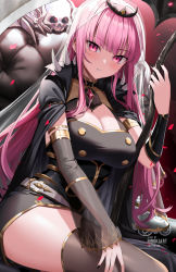 Rule 34 | 1girl, black cape, black dress, black nails, black thighhighs, blush, breasts, cape, cleavage, collar, commentary, detached sleeves, dress, english commentary, highres, hiroki (hirokiart), holding, hololive, hololive english, jewelry, large breasts, long hair, looking at viewer, mori calliope, nail polish, parted lips, petals, pink eyes, pink hair, see-through, see-through sleeves, sitting, skull, solo, spiked collar, spikes, teeth, thighhighs, tiara, veil, virtual youtuber, zettai ryouiki