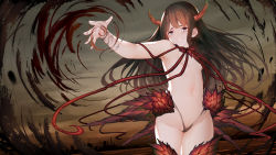 Rule 34 | 1girl, areola slip, banitya, bare shoulders, blue eyes, breasts, brown hair, brown sky, cameltoe, city, crack, demon girl, horns, long hair, monster girl, navel, nude, original, outdoors, parted lips, plant girl, post-apocalypse, red horns, red neckwear, revealing clothes, silhouette, sky, small breasts, smile, solo, torn clothes