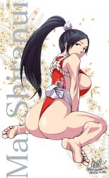Rule 34 | 1girl, 2023, ass, breasts, character name, fatal fury, full body, highres, huge ass, large breasts, leotard, leotard under clothes, long hair, ponytail, shiranui mai, signature, solo, thong leotard, very long hair