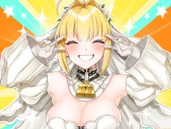 Rule 34 | 1girl, ^ ^, ahoge, armpits, blush, breasts, bridal veil, chain, cleavage, closed eyes, detached sleeves, double v, emotional engine - full drive, fate/extra, fate/extra ccc, fate/grand order, fate (series), flower, gloves, grin, hair flower, hair intakes, hair ornament, highres, lock, nero claudius (bride) (fate), nero claudius (bride) (second ascension) (fate), nero claudius (fate), nero claudius (fate) (all), nero claudius (fate/extra), no bra, skindentation, smile, solo, v, veil, white gloves, yayoi maka