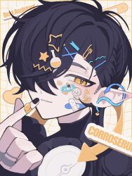 Rule 34 | 1boy, arknights, arrow (symbol), bandaged fingers, bandages, bandaid, bandaid on cheek, bandaid on face, black hair, black nails, black shirt, character name, commentary, corroserum (arknights), english text, finger heart, flask hair ornament, hair ornament, hair over one eye, hairclip, highres, light smile, looking at viewer, male focus, nail polish, nomochi (cab8d9), paperclip hair ornament, pointy ears, shirt, short hair, smile, solo, star (symbol), star hair ornament, sticker, sticker on face, symbol-only commentary, upper body, x hair ornament, yellow eyes