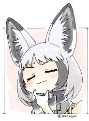 Rule 34 | 2girls, animal ear fluff, animal ears, animal print, bare shoulders, bat-eared fox (kemono friends), blush, blush stickers, border, bow, closed mouth, dot nose, elbow gloves, closed eyes, facing viewer, fox ears, from side, gloves, grey hair, grey scarf, highres, kemono friends, motion lines, multicolored hair, multiple girls, outside border, panzuban, pink background, portrait, print gloves, scarf, scarf bow, serval (kemono friends), serval print, short hair, simple background, solo focus, sweat, twitter username, v-shaped eyebrows, wavy mouth, white border