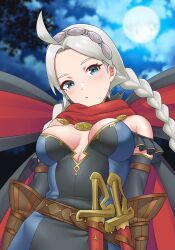 Rule 34 | 1girl, absurdres, ahoge, alternate costume, bare shoulders, blue eyes, braid, breasts, cleavage, closed mouth, cloud, cloudy sky, commission, commissioner upload, facing viewer, fire emblem, fire emblem fates, full moon, grey hair, hairband, highres, igni tion, knife, long hair, looking at viewer, low twin braids, medium breasts, moon, night, night sky, nina (fire emblem), nintendo, official alternate costume, outdoors, parted bangs, sky, solo, twin braids, upper body, white hairband