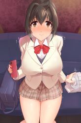 Rule 34 | 1girl, absurdres, ahoge, bag, black hair, blazer, blush, bow, bowtie, breasts, cellphone, closed mouth, commentary request, commission, condom box, hair intakes, highres, idolmaster, idolmaster cinderella girls, jacket, kohinata miho, large breasts, looking at viewer, phone, pixiv commission, plaid, plaid skirt, school uniform, short hair, sitting, skirt, smartphone, smartphone case, solo, trembling, twogie