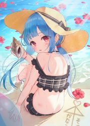 Rule 34 | 1girl, ai ai gasa, ball, bare shoulders, barefoot, beach, beachball, bikini, black bikini, black bow, bow, brown hat, butt crack, commentary request, conch, flower, flower on liquid, frilled bikini, frills, from behind, hat, hat bow, highres, holding, looking at viewer, looking back, original, petals, petals on liquid, red flower, sand, sitting, solo, sun hat, swimsuit, translation request, transparent, tsukiman, water