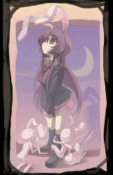 Rule 34 | 1girl, animal ears, black jacket, boots, border, closed mouth, collar, collared shirt, crescent moon, female focus, fruit punch, jacket, leg grab, long hair, long sleeves, looking up, matching hair/eyes, miniskirt, moon, multiple views, necktie, night, night sky, pink skirt, pleated skirt, projected inset, purple eyes, purple hair, rabbit, rabbit ears, red necktie, reisen udongein inaba, shirt, skirt, sky, solo, standing, touhou, uniform, white shirt