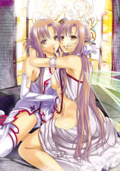 Rule 34 | 10s, 2girls, :o, armband, armpits, ass, asuna (sao), back, bare shoulders, braid, breast press, breasts, brown eyes, brown hair, cross, detached sleeves, dress, dual persona, finger in another&#039;s mouth, hand on another&#039;s face, hug, lace, long hair, looking at viewer, looking back, multiple girls, no bra, no panties, orange eyes, orange hair, panties, pointy ears, q-gaku, q gaku, selfcest, short dress, side braid, sideboob, sidelocks, sitting, spread legs, stained glass, sword art online, symmetrical docking, text focus, thighhighs, titania (sao), transparent, underwear, very long hair, wariza, white panties, white thighhighs, wings, yuri