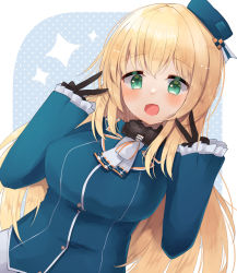 Rule 34 | 1girl, atago (kancolle), black gloves, blonde hair, blue hat, blush, breasts, double v, frills, gloves, green eyes, hat, hatomaru (hatomaru56), kantai collection, large breasts, lokolokooo, long hair, military, military uniform, open mouth, simple background, solo, sparkle, uniform, upper body, v