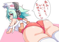 Rule 34 | 1girl, ahoge, ass, azure striker gunvolt, azure striker gunvolt 2, bare shoulders, blue eyes, blush, breast press, breasts, cameltoe, cougar (cougar1404), from behind, green hair, headgear, huge ass, jiggle, leotard, looking at viewer, looking back, lying, massage, on stomach, open mouth, purple eyes, roro (gunvolt), shiny clothes, shiny skin, short hair, sideboob, skindentation, smile, solo, thighhighs, thighs, translation request, trembling