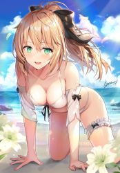 Rule 34 | 1girl, :d, ahoge, all fours, artoria pendragon (all), artoria pendragon (fate), bare shoulders, barefoot, beach, bikini, blonde hair, blue sky, bow, breasts, bridal garter, cleavage, cloud, collarbone, day, detached sleeves, fate/grand order, fate (series), floating hair, flower, green eyes, hair between eyes, hair bow, large breasts, lily (flower), long hair, looking at viewer, ocean, open mouth, outdoors, petals, ponytail, rin yuu, saber lily, sand, sidelocks, signature, sky, smile, solo, swimsuit, thighs, upper body, white bikini