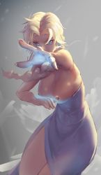 Rule 34 | 1girl, blonde hair, blue dress, blue eyes, braid, breasts, breasts out, capelet, curvy, dress, elsa (frozen), frozen (disney), glowing, glowing eyes, long hair, looking at viewer, nipples, outstretched arm, reaching, reaching towards viewer, serious, single braid, sketch, sky of morika, solo, wide hips