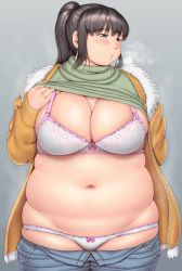 Rule 34 | 1girl, arm behind back, blue legwear, blush, bra, breasts, brown hair, character request, cleavage, coat, commentary request, copyright request, cowboy shot, fat, grey background, highres, large breasts, long hair, looking to the side, meat day, navel, open clothes, open coat, orizen, panties, parted lips, pink bra, pink panties, ponytail, sidelocks, simple background, solo, straight-on, underwear, unzipped, white bra, white panties