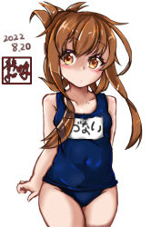 Rule 34 | 1girl, artist logo, blue one-piece swimsuit, brown eyes, brown hair, covered navel, cowboy shot, folded ponytail, inazuma (kancolle), kantai collection, long hair, name tag, one-hour drawing challenge, one-piece swimsuit, school uniform, shizuwaza, simple background, solo, swimsuit, white background