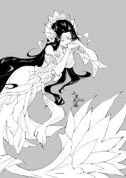 Rule 34 | 1girl, absurdres, bracelet, breasts, chinese clothes, cleavage, closed eyes, collarbone, detached sleeves, facial mark, fins, forehead mark, grey background, greyscale, head fins, highres, jewelry, league of legends, leaning to the side, long hair, medium breasts, mermaid, monochrome, monster girl, nami (league of legends), parted bangs, short sleeves, smile, solo, very long hair, wan wan