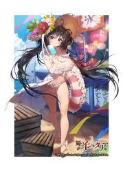 Rule 34 | 1girl, age of ishtaria, ankle cuffs, beach, bikini, black hair, blush, breasts, cleavage, copyright notice, day, flower, food, frilled bikini, frills, hat, hat flower, holding, ice cream, lantern, large breasts, long hair, red eyes, sandals, smile, solo, straw hat, sukja, swimsuit, toki no ishutaria, two side up, very long hair, white bikini