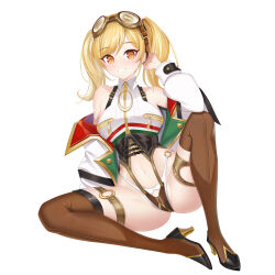 Rule 34 | 1girl, absurdres, azur lane, blonde hair, boots, breast zipper, breasts, brown footwear, coat, crotch zipper, full body, goggles, goggles on head, high heel boots, high heels, highres, leonardo da vinci (azur lane), long hair, long sleeves, looking at viewer, medium breasts, navel, o-ring, o-ring bottom, o-ring panties, o-ring strap, open clothes, open coat, orange eyes, panties, puffy sleeves, simple background, smile, solo, teeth, thigh boots, thigh strap, twintails, underbust, underwear, white background, yijiufantexi, zipper