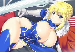 Rule 34 | 1girl, ahoge, armor, armored dress, artoria pendragon (all), artoria pendragon (fate), artoria pendragon (lancer) (fate), bed, blonde hair, braid, breastplate, breasts, bursting breasts, cape, cleavage, cleavage cutout, closed mouth, clothing cutout, contrapposto, covered navel, cowboy shot, crown, elbow gloves, fate/grand order, fate (series), french braid, gloves, green eyes, homu (seven deadly sins), huge breasts, looking at viewer, lying, navel, no bra, on bed, on side, saber (fate), shiny clothes, shiny skin, sidelocks, solo, thighhighs, tiara, weapon