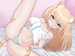 Rule 34 | 1girl, :p, animal ear fluff, animal ears, blonde hair, blue eyes, blush, brokan715, cameltoe, cat ears, cat girl, cat tail, cleft of venus, crop top, female focus, groin, highres, leg hold, long hair, looking at viewer, lying, mole, mole under eye, navel, on bed, on side, original, panties, pussy, pussy peek, skindentation, smile, solo, split, striped clothes, striped panties, tail, tongue, tongue out, underwear