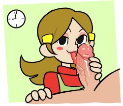 Rule 34 | 1girl, 5-volt, blush stickers, brown hair, clock, clothed female nude male, eyeshadow, fellatio, hair ornament, hairclip, licking, long hair, looking at viewer, makeup, mature female, nintendo, noill, nude, oral, penis, precum, tongue, turtleneck, uncensored, veins, veiny penis, warioware