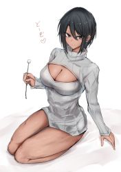 Rule 34 | 1girl, absurdres, barefoot, black eyes, black hair, breasts, cleavage cutout, clothing cutout, commentary request, dark-skinned female, dark skin, dress, earclip, fingernails, full body, grey sweater, hair between eyes, highres, lap pillow invitation, large breasts, looking at viewer, medium hair, meme attire, mimikaki, open-chest sweater, original, ribbed sweater, solo, sweater, sweater dress, thick thighs, thighs, toned, translation request, turtleneck, turtleneck sweater, yakan (mihag3000)