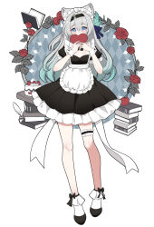 Rule 34 | 1girl, absurdres, animal ears, black bow, black hairband, book, bow, breasts, chinese commentary, commentary request, dress, ff2074, firefly (honkai: star rail), flower, grey hair, hair ornament, hairband, heart, highres, honkai: star rail, honkai (series), long hair, looking at viewer, maid, maid headdress, medium breasts, red flower, red rose, rose, solo, two-tone eyes