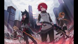 Rule 34 | 4girls, animal ears, arknights, bad id, bad pixiv id, belt, black gloves, black hair, black shorts, blonde hair, breasts, brown jacket, brown legwear, building, cityscape, croissant (arknights), crop top, crowd, exusiai (arknights), fingerless gloves, fire, fur trim, gloves, gun, hair over one eye, halo, highres, holding, horns, jacket, kriss vector, long hair, looking at viewer, looking back, md5 mismatch, medium breasts, midriff, miniskirt, multiple girls, open clothes, open jacket, orange hair, outdoors, pantyhose, penguin logistics (arknights), pillarboxed, red eyes, red hair, resolution mismatch, short hair, short shorts, shorts, skirt, skyscraper, smoke, sora (arknights), source larger, standing, submachine gun, sword, tail, texas (arknights), thighhighs, topu, weapon, white legwear, wings, wolf ears, wolf tail