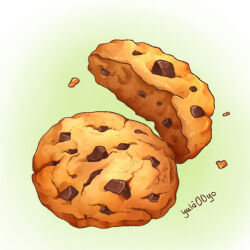 Rule 34 | artist name, chocolate, chocolate chip cookie, cookie, crumbs, food, food focus, green background, no humans, original, signature, simple background, still life, yuki00yo