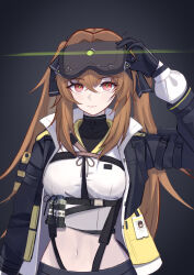 Rule 34 | 1girl, absurdres, black background, black jacket, brown hair, chest belt, chest harness, cropped shirt, flashbang, girls&#039; frontline, girls&#039; frontline 2: exilium, goggles, goggles on head, hand on goggles, hand up, harness, highres, id card, jacket, long hair, looking at viewer, navel, open clothes, open jacket, shiori (akasaka shiori), smile, twintails, ump9 (girls&#039; frontline), upper body