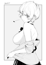 Rule 34 | 1girl, bare shoulders, breasts, closed mouth, greyscale, heart, kichihachi, large breasts, long sleeves, looking at viewer, monochrome, original, short hair, sideboob, skirt, solo, twitter username