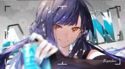Rule 34 | 1girl, absurdres, blue hair, blurry, blurry foreground, drink, highres, holding, holding drink, jingzhaowhale, long hair, looking at viewer, orange eyes, project sekai, shiraishi an, smile, solo, swept bangs, twintails, upper body, viewfinder