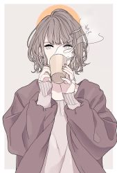 Rule 34 | 1girl, brown hair, brown jacket, cup, drinking, grey background, grey eyes, grey sweater, hands up, highres, holding, holding cup, jacket, jewelry, keiko (um7mr1), long sleeves, looking at viewer, original, ring, short hair, simple background, solo, steam, sweater