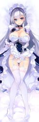 Rule 34 | 1girl, arm guards, arm under breasts, azur lane, belfast (azur lane), blue eyes, blush, braid, breasts, chain, cleavage, collar, collarbone, dress, french braid, frills, garter straps, gloves, gluteal fold, hand up, lace, lace-trimmed legwear, lace trim, large breasts, long hair, looking at viewer, maid, maid headdress, panties, shirokitsune, silver hair, smile, solo, thighhighs, underwear, white gloves, white panties, white thighhighs
