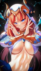 Rule 34 | 1girl, absurdres, black background, blue eyes, blush, breasts, brooch, closed mouth, genshin impact, hands up, highres, horns, jewelry, kook, large breasts, long hair, looking at viewer, navel, nilou (genshin impact), orange hair, smile, water, white headwear