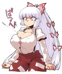 Rule 34 | 1girl, alternate breast size, bow, breast expansion, breasts, bursting breasts, cleavage, covered erect nipples, fujiwara no mokou, hair bow, highres, huge breasts, long hair, pants, ponytail, popped button, puffy nipples, red eyes, simple background, solo, spacezin, straining buttons, suspenders, sweatdrop, touhou, wardrobe malfunction, white background, white hair