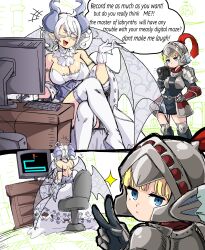 Rule 34 | 2girls, 2koma, absurdres, armor, blue eyes, breasts, camcorder, cleavage, closed eyes, comic, computer, detached collar, detached sleeves, dress, earrings, english text, helmet, highres, jewelry, keyboard (computer), knight (yu-gi-oh!), large breasts, lewdamone, looking at viewer, looking back, lovely labrynth of the silver castle, low wings, monitor, mouse (computer), multiple girls, multiple wings, pointy ears, smug, tagme, transparent wings, v, video camera, wings