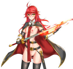 Rule 34 | 1girl, armor, belt, black cape, black gloves, black thighhighs, blush, breasts, cape, casual nudity, censored, cermia (epic seven), epic seven, female focus, female knight, fire, flaming weapon, gauntlets, gloves, highres, knight, long hair, looking at viewer, nipples, pussy, red cape, red hair, reverse outfit, scabbard, sheath, simple background, small breasts, solo, standing, sword, thighhighs, vvv (vvv98048917), warrior, weapon, yellow eyes