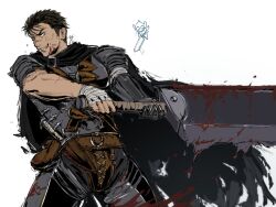 Rule 34 | armor, bandaged hand, bandages, bandolier, berserk, black cloak, black hair, blood, blood on clothes, bloody weapon, cloak, dragonslayer (sword), fairy, flying, grin, guts (berserk), holding, holding sword, holding weapon, lechephran, parted lips, prosthesis, prosthetic arm, puck (berserk), short hair, shoulder armor, signature, simple background, smile, spiked hair, sword, teeth, torn cloak, torn clothes, upper body, weapon, white background