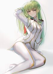 Rule 34 | 1girl, absurdres, adjusting hair, alternate costume, arm support, arm up, blush, breasts, budgiepon, c.c., c.c. day, code geass, commentary, crossed bangs, curvy, eyes visible through hair, foot out of frame, gloves, green hair, hair between eyes, hair over shoulder, high heels, highres, jacket, lips, long hair, looking at viewer, medium breasts, nose, pants, parted lips, sidelocks, simple background, sitting, solo, straight hair, translated, tsurime, very long hair, white background, white footwear, white gloves, white jacket, white pants, yellow eyes, yokozuwari