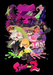 Rule 34 | 1boy, 4girls, absurdres, agent 4 (splatoon), callie (splatoon), commentary, copyright name, glasses, goggles, gun, highres, incredibly absurdres, inkling, inkling girl, inkling player character, japanese clothes, kimono, logo, looking at viewer, marie (splatoon), multiple girls, nintendo, octoling, octotrooper, official art, oil-paper umbrella, sheldon (splatoon), splatoon (series), splatoon 2, squidbeak splatoon, takozonesu, tentacle hair, umbrella, weapon