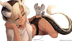 Rule 34 | 1girl, abs, absurdres, animal, animal ears, arm tattoo, artist name, ass grab, breasts, chinchilla (animal), dark-skinned female, dark skin, glasses, grabbing own ass, headphones, highres, horns, large breasts, looking at viewer, navel, p-san (sansin), sansin jin, scar, shorts, simple background, smile, tail, tattoo, virtual youtuber, white background, yellow eyes