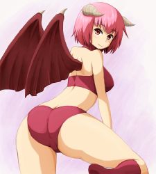 Rule 34 | 1girl, ass, bat wings, breasts, closed mouth, demon girl, demon wings, horns, large breasts, looking at viewer, lowres, monster farm, pink hair, pixie (monster farm), red eyes, runaru, short hair, simple background, smile, solo, wings