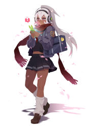 Rule 34 | !, 1girl, azur lane, bag, black skirt, blowing bubbles, cellphone, chewing gum, commentary, crest, dark skin, dark-skinned female, english commentary, finni chang, full body, hair between eyes, headphones, high ponytail, highres, jacket, leg warmers, loafers, long hair, midriff, minneapolis (azur lane), petals, phone, plaid, plaid scarf, pleated skirt, red eyes, red scarf, scarf, school uniform, serafuku, shoes, silver hair, skirt, smartphone, solo, walking, white background