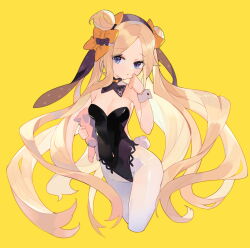 Rule 34 | 1girl, abigail williams (fate), absurdres, black leotard, blonde hair, blue eyes, bow, breasts, choibts, cleavage, cropped legs, detached collar, double bun, fake tail, fate/grand order, fate (series), floating hair, hair bow, hair bun, highleg, highleg leotard, highres, leotard, long hair, looking at viewer, multiple hair bows, orange bow, pantyhose, parted bangs, polka dot, polka dot bow, purple bow, rabbit tail, simple background, small breasts, solo, standing, strapless, strapless leotard, tail, very long hair, white pantyhose, wrist cuffs, yellow background