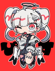 Rule 34 | 1girl, ahoge, bandaid, bandaid on shoulder, bare shoulders, black choker, black footwear, black halo, black shirt, black skirt, chibi, choker, earrings, english text, fangs, grey jacket, hair horns, hair ornament, halo, hand on own knee, highres, jacket, jewelry, key, one eye closed, open clothes, open jacket, open mouth, original, outline, pleated skirt, red background, red eyes, shirt, single thighhigh, skirt, sleeveless, sleeveless shirt, solo, terada tera, thighhighs, torn clothes, torn thighhighs, v, white hair, white outline, wings