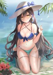 Rule 34 | 1girl, absurdres, bikini, blue bikini, breasts, chinese commentary, cleavage, commentary request, flower, front-tie top, green bikini, hat, highres, kneeling, lin (tower of fantasy), looking at viewer, medium breasts, mismatched bikini, navel, sarong, see-through, solo, sun hat, swimsuit, tower of fantasy, water, white hat, xiatian